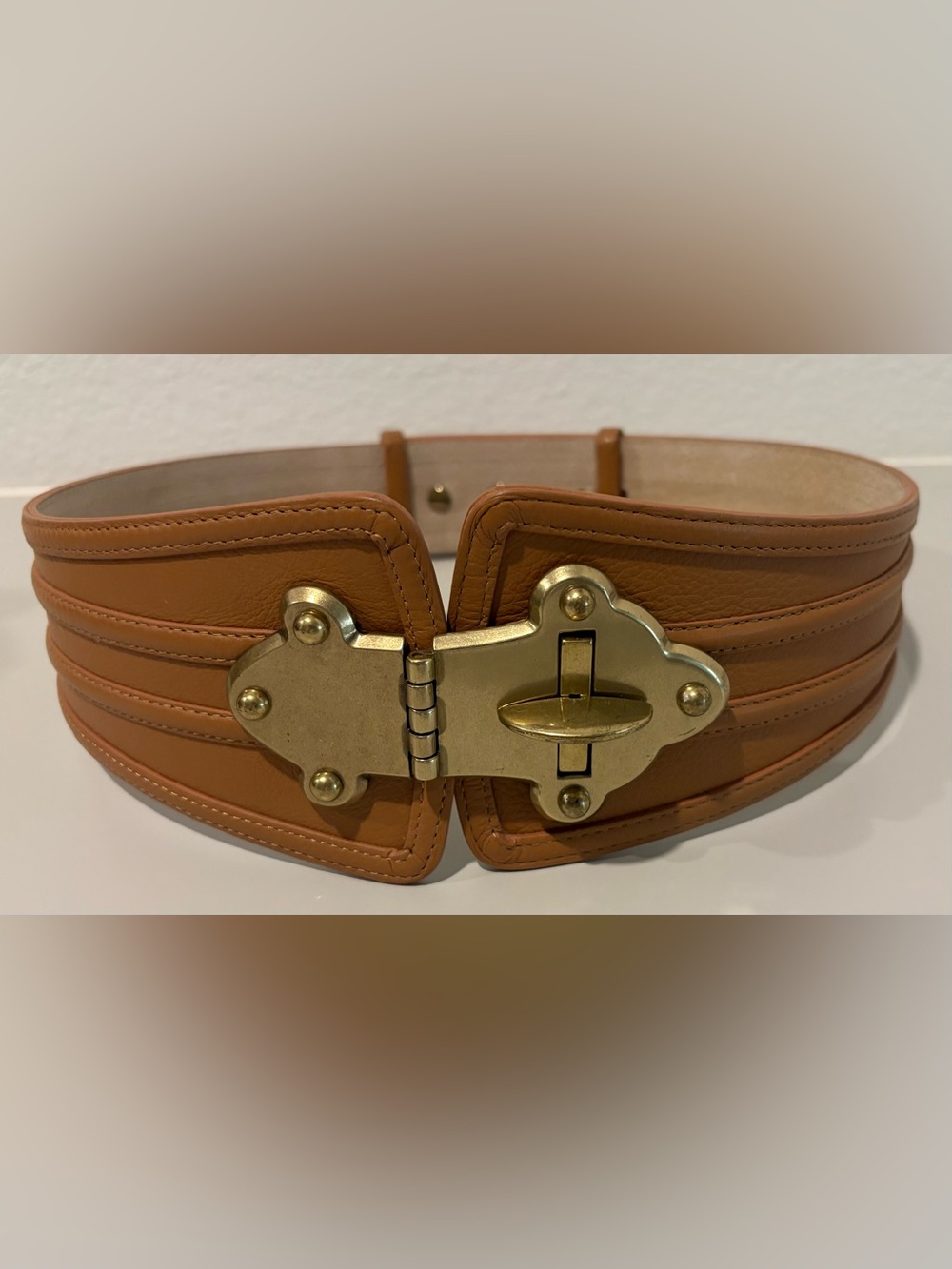 BCBGMaxAzria Wide Tan Leather Belt with Gold Turn-Lock